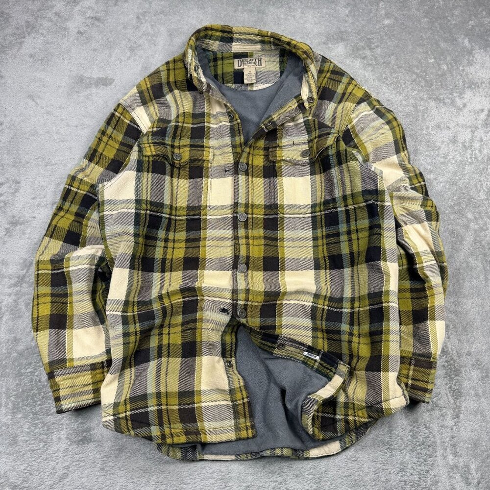 Duluth Trading Fleece Lined Flannel Shirt Plaid Shacket Distressed Baggy Loose M
